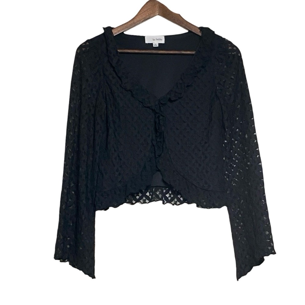 La Peche Ruffle Lace Shrug Women M Black Bell Sleeve Cropped Bolero Cardigan